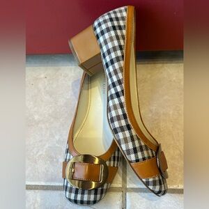 NWOT ANNE KLEIN s7.5 ‘Tricky’ checked plaid low heeled pumps-gold buckle-so cute